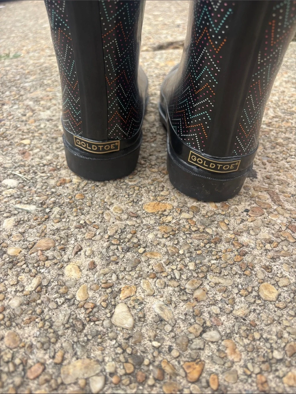 Gold Toe Black Rain Boots with Multicolor Chevron Dots